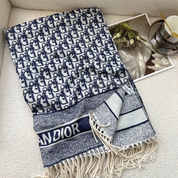 Dior Accessories - Dior Navy & White Monogram Fringe Scarf Throw